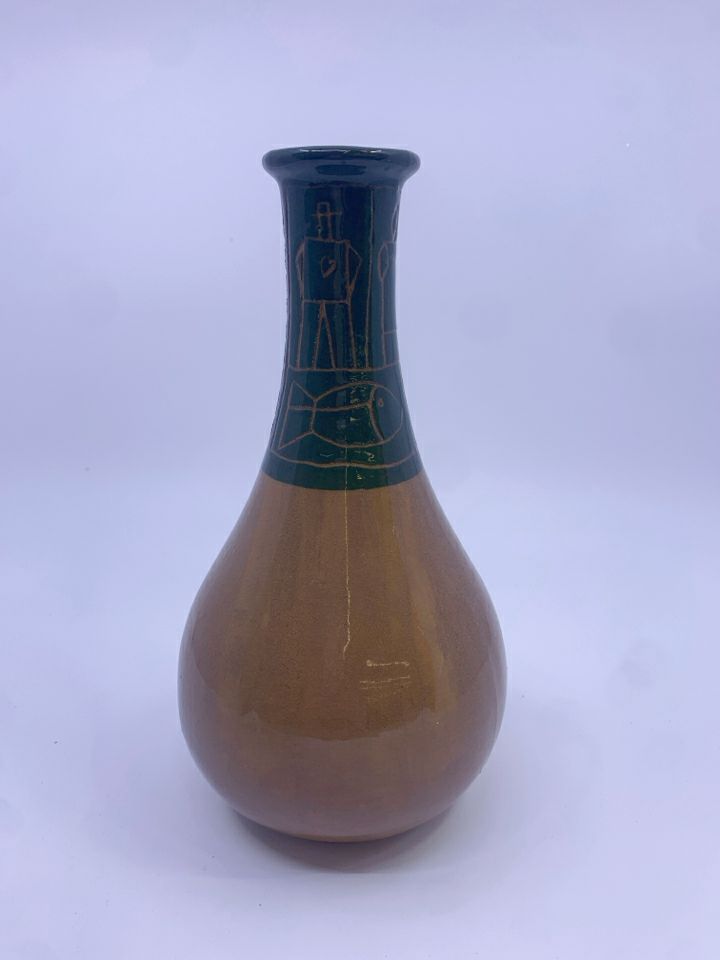 BROWN BASE VASE W/ DARK GREEN THIN NECK W/ CARVING.
