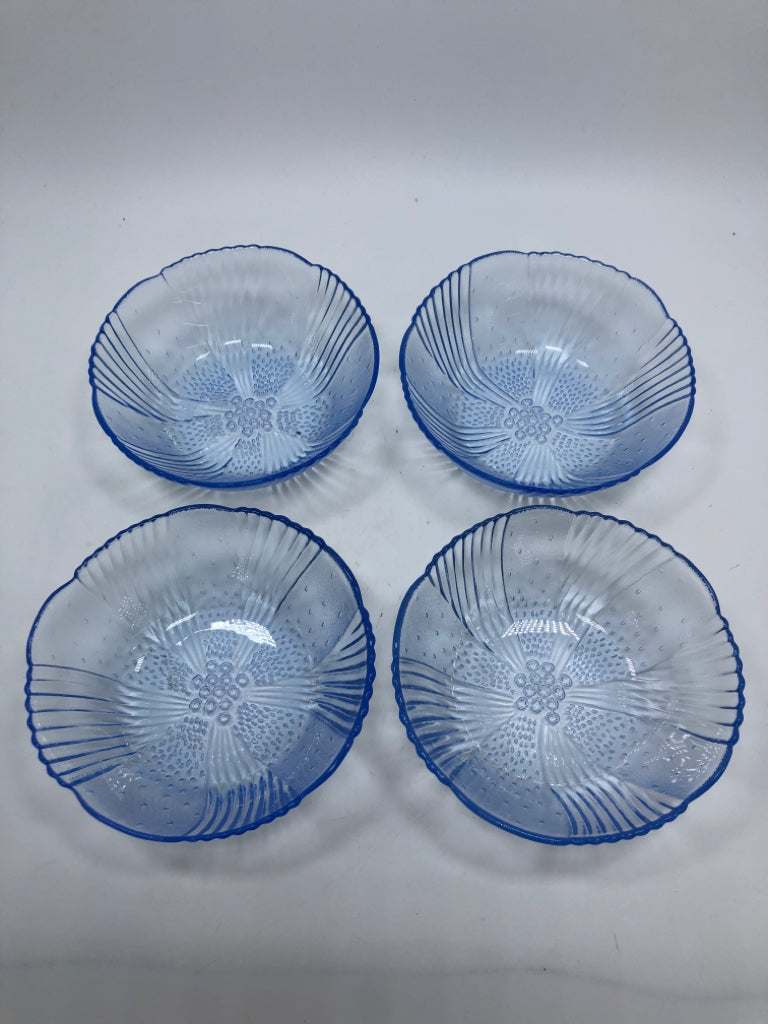 4 BLUE GLASS FLOWER BOWLS.