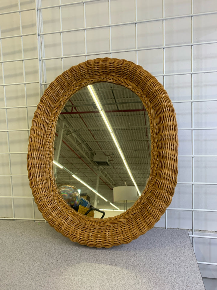 OVAL DARK WOOD POTTERY BARN MIRROR.