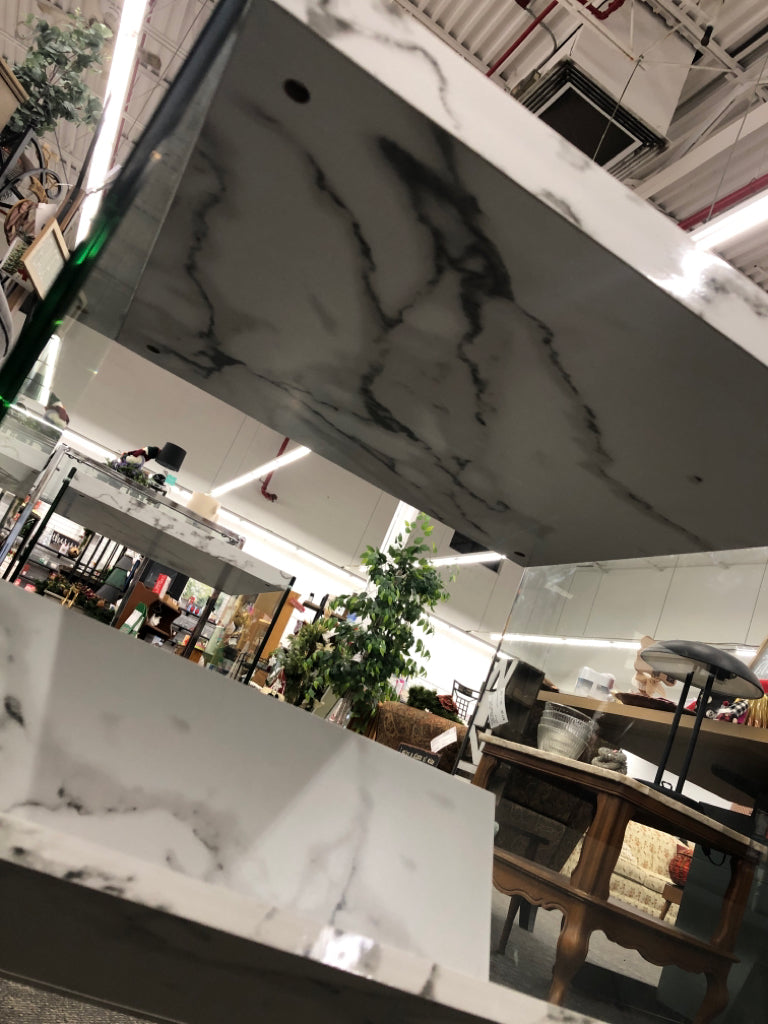 FAUX MARBLE END TABLE W/GLASS SIDES & FAUX MARBLE SLANTED SHELF.