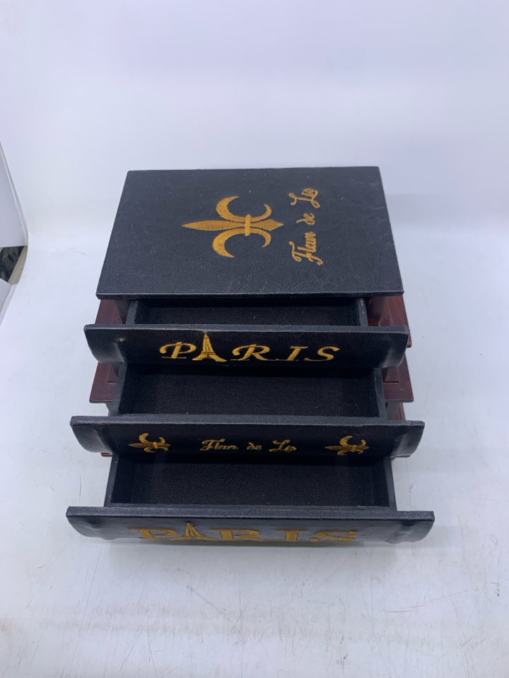 FOOTED 3 STACKED BOOKS W/ DRAWERS EMBROIDERED WORDS PARIS.