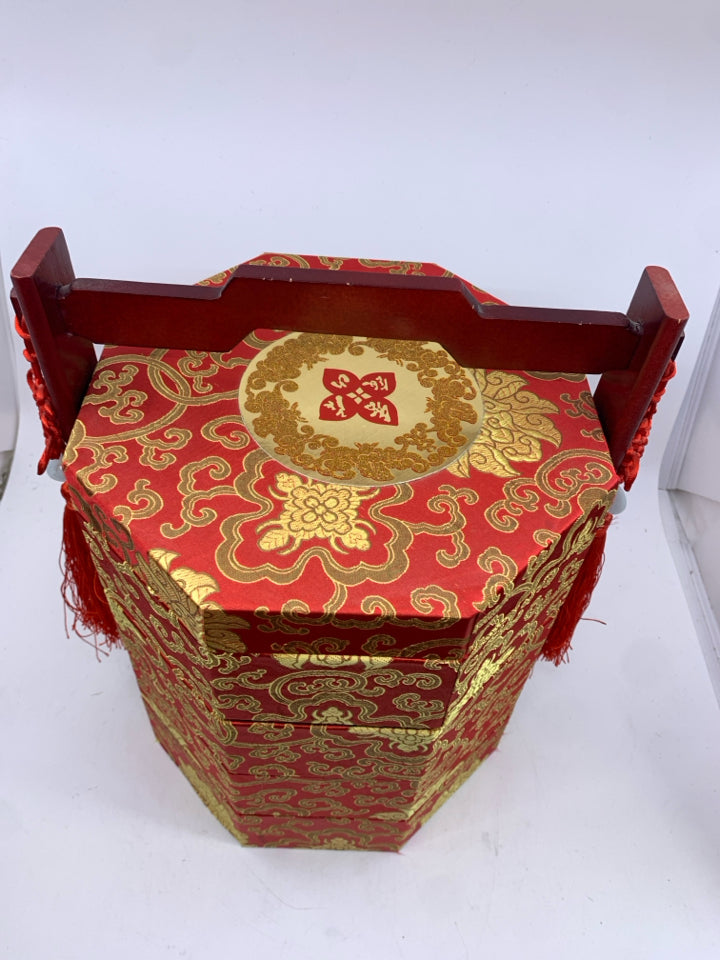 HEXAGON SHAPED RED/GOLD ASIAN STYLE FABRIC STORAGE.