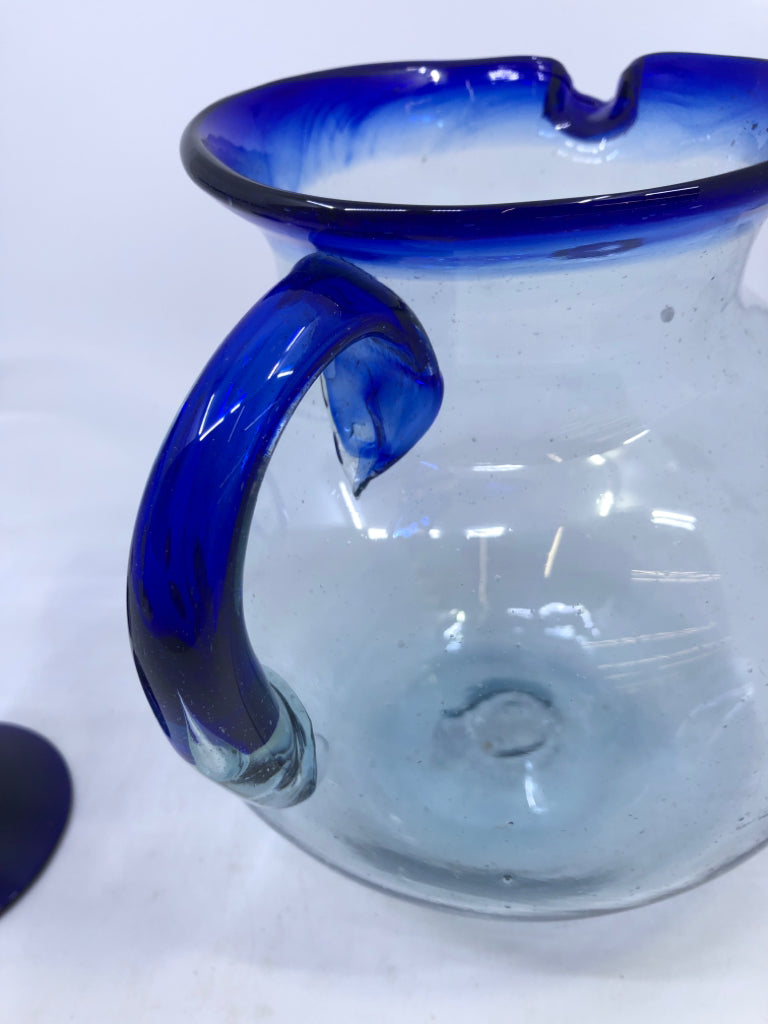 3PC BLUE BLOWN GLASS PITCHER + 2 GLASSES.