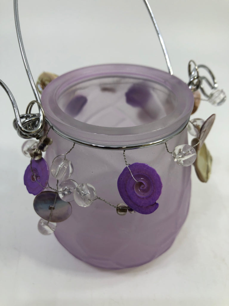 PURPLE FROSTED GLASS HANGING TEA LIGHT HOLDER W/BEADS.