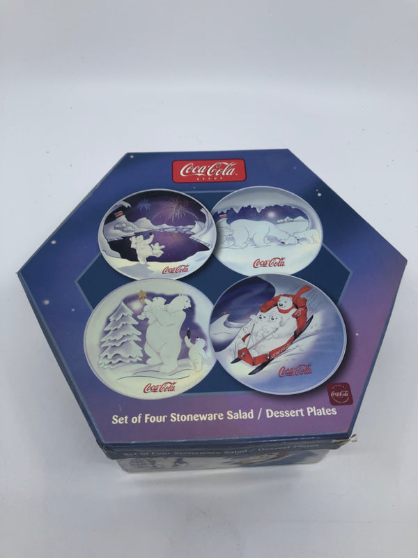 4 COCA COLA STONEWARE SALAD/DESERT PLATES IN BOX