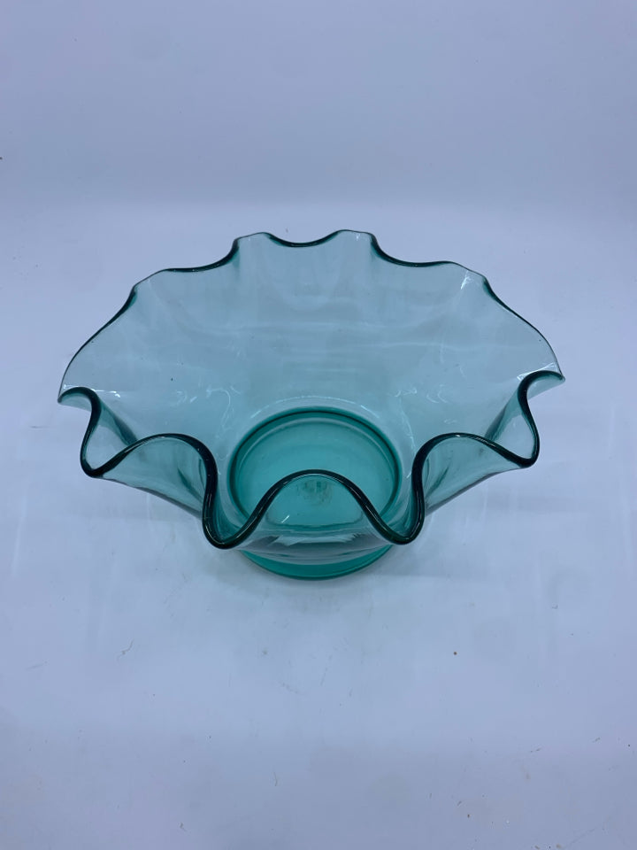 GREEN TINTED WAVY GLASS BOWL.