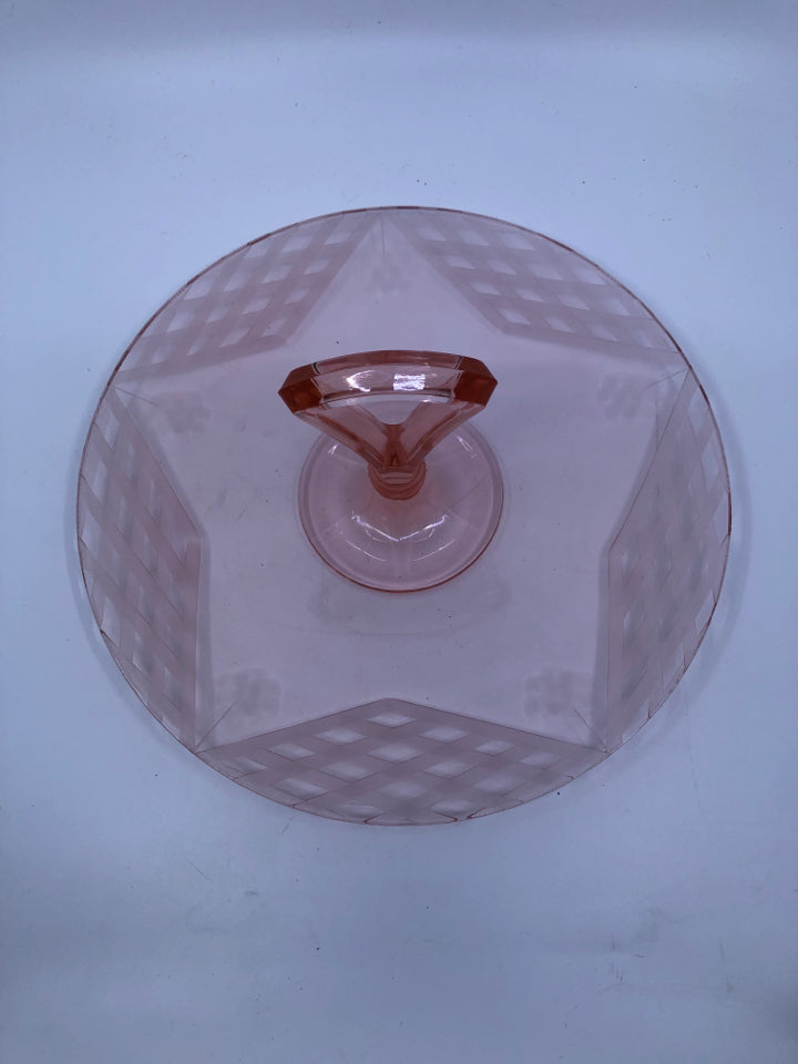 VTG PINK DEPRESSION GLASS ETCHED SERVER W CENTER HANDLE.