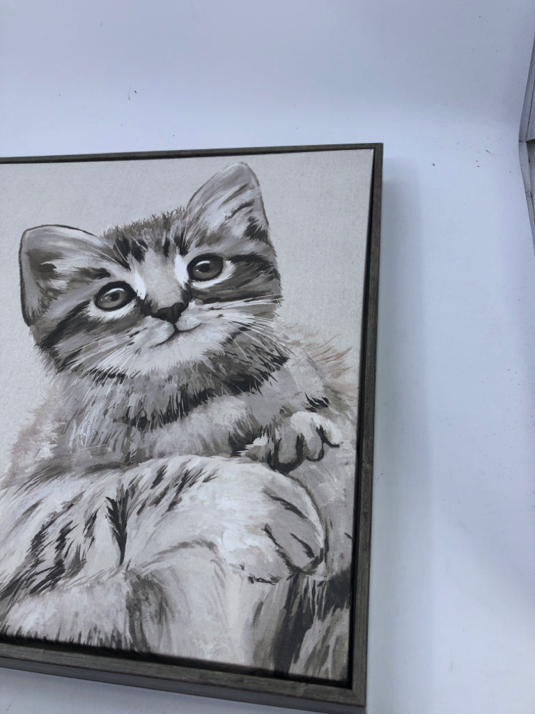 GREY TABBY CAT CANVAS IN GREY FRAME.