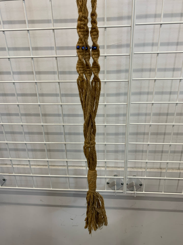 BRAIDED PLANT HANGER W/ BLUE BEADS.