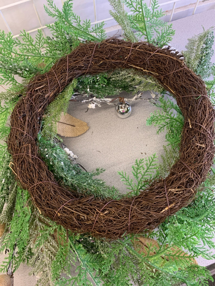 FROSTED FAUX PINE WREATH SILVER BALLS.