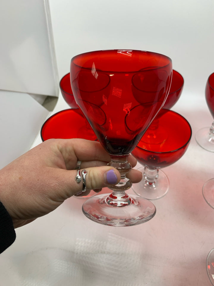 10 CLEAR STEM W/ RED GLASS WINE GLASSES.