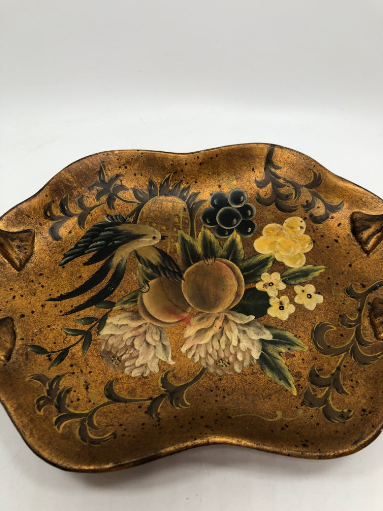 BIRD PAINTED GOLD CERAMIC TRAY W/HANDLES.