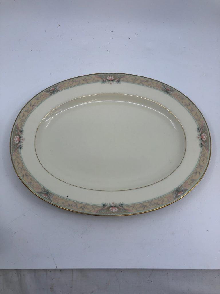 VTG MIKASA GOLD W PALE PINK FLORAL OVAL PLATTER.