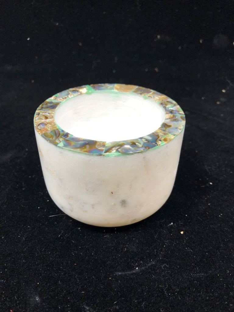 SMALL WHITE MARBLE MORTAR & PESTLE W/ IRIDESCENT SHELL RIM.