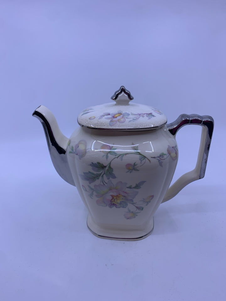 VTG SILVER FLORAL CREAM TEAPOT.