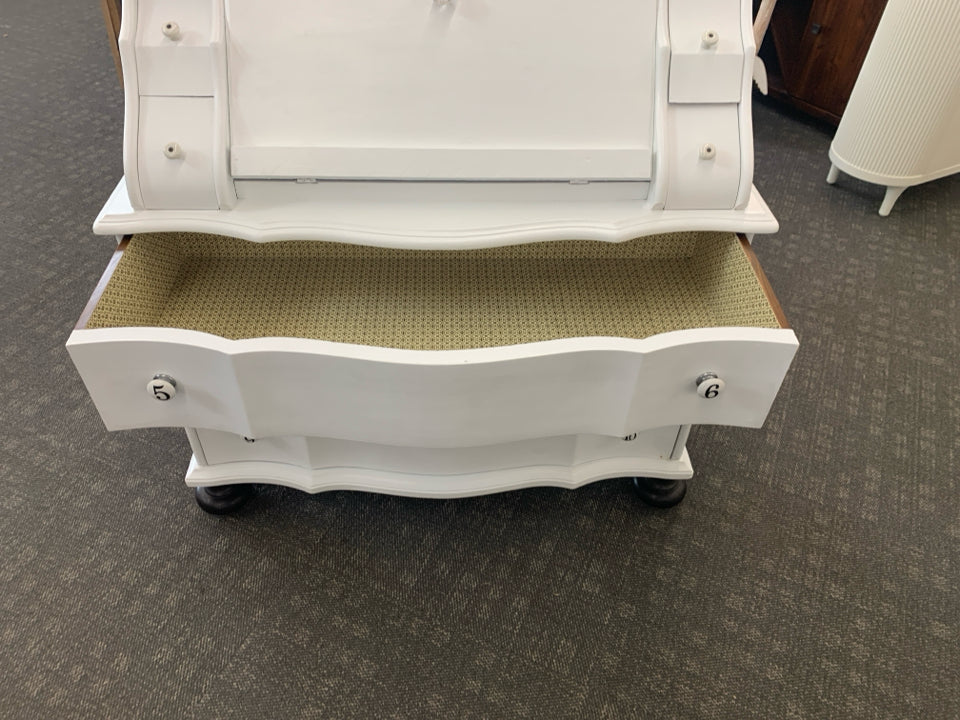 VTG WHITE PAINTED PULL DOWN DESK 7 DRAWERS.