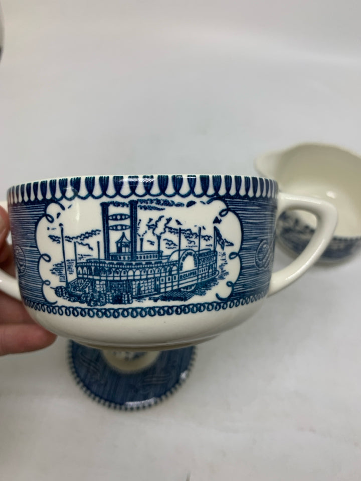 2 PC BLUE DETAILED STADIUM/TRAIN CREAMER/SUGAR BOWL.