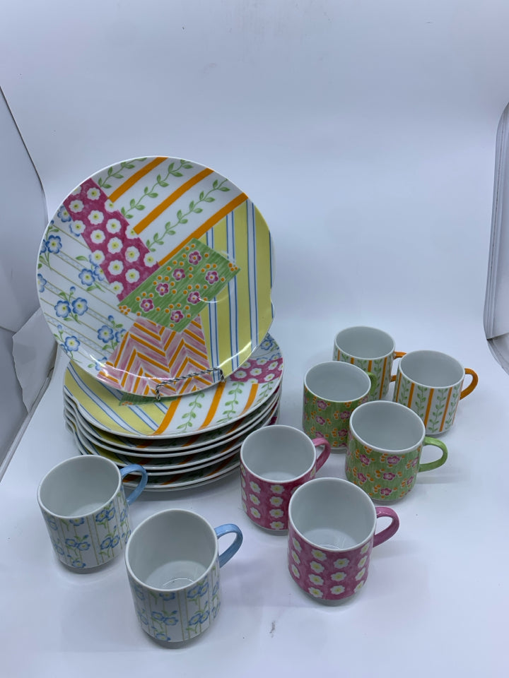 16PC COLORFUL MUG AND SNACK SET.