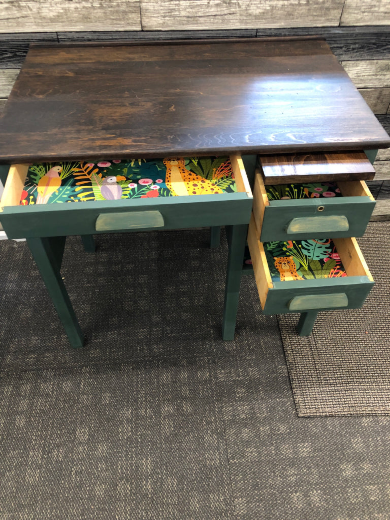GREEN PAINTED DESK, STAINED FINISH TOP.