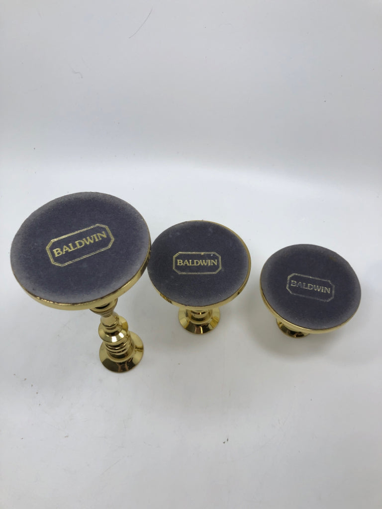 3PC BALDWIN POLISHED BRASS TAPER CANDLE HOLDERS.