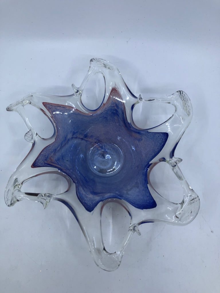 BLUE AND PINK BLOWN GLASS BOWL.