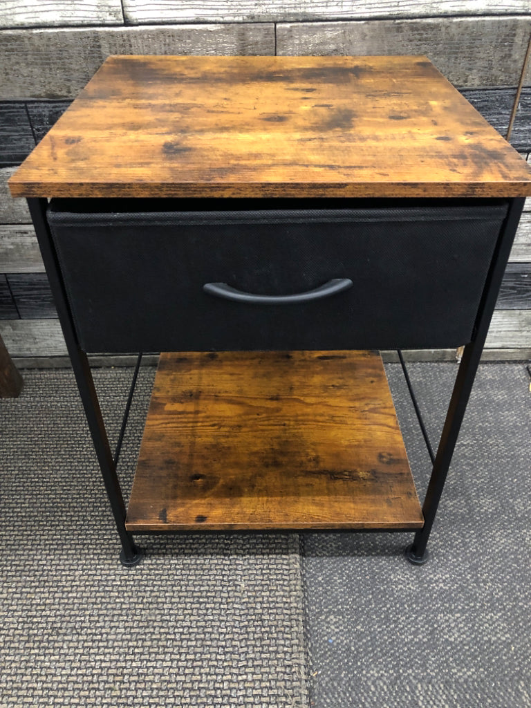 WOOD TOP SIDETABLE W/BLACK LEGS, FABRIC DRAWER.