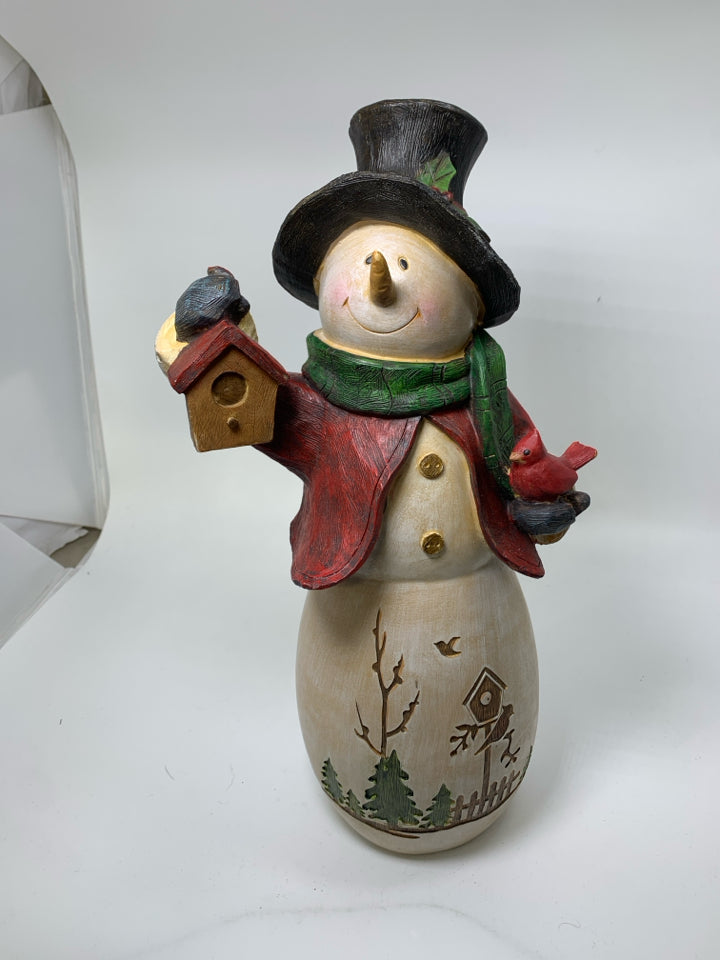 LARGE ACRYLIC SNOWMAN HOLDING BIRDHOUSE/CARDINAL.