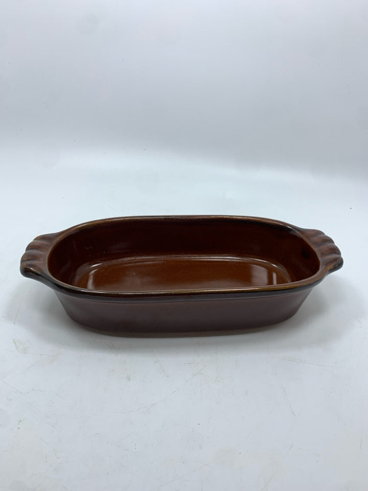 BROWN GLAZED CERAMIC OBLONG DISH.