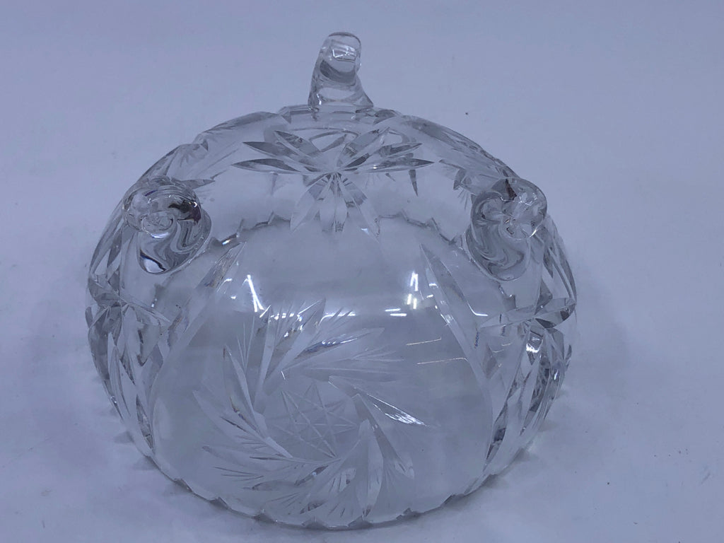 FOOTED ETCHED CUT GLASS CANDY DISH.