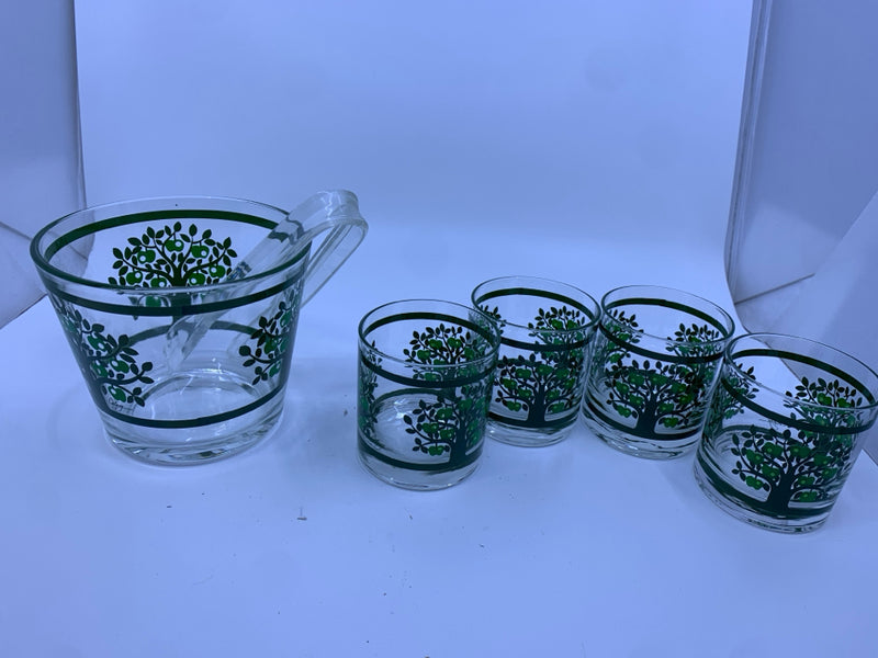 VTG 6 PC DRINK SET W/ GREEN APPLE TREES GREEN LINES 4 GLASSES, ICE BUCKET,TONG.