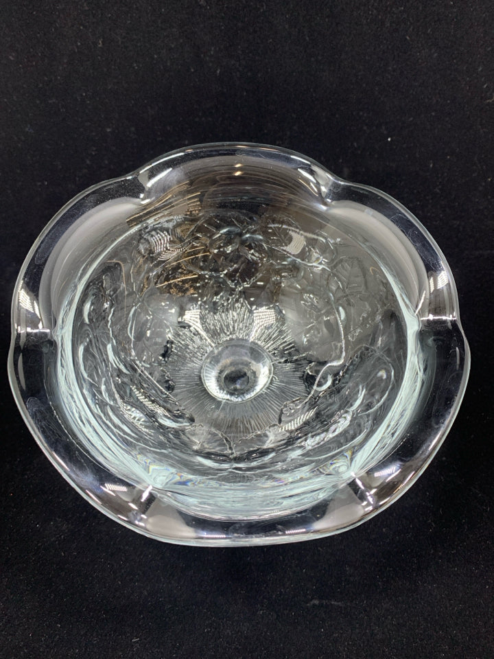 CUT GLASS PEDESTAL BOWL W/EMBOSSED FLOWERS.