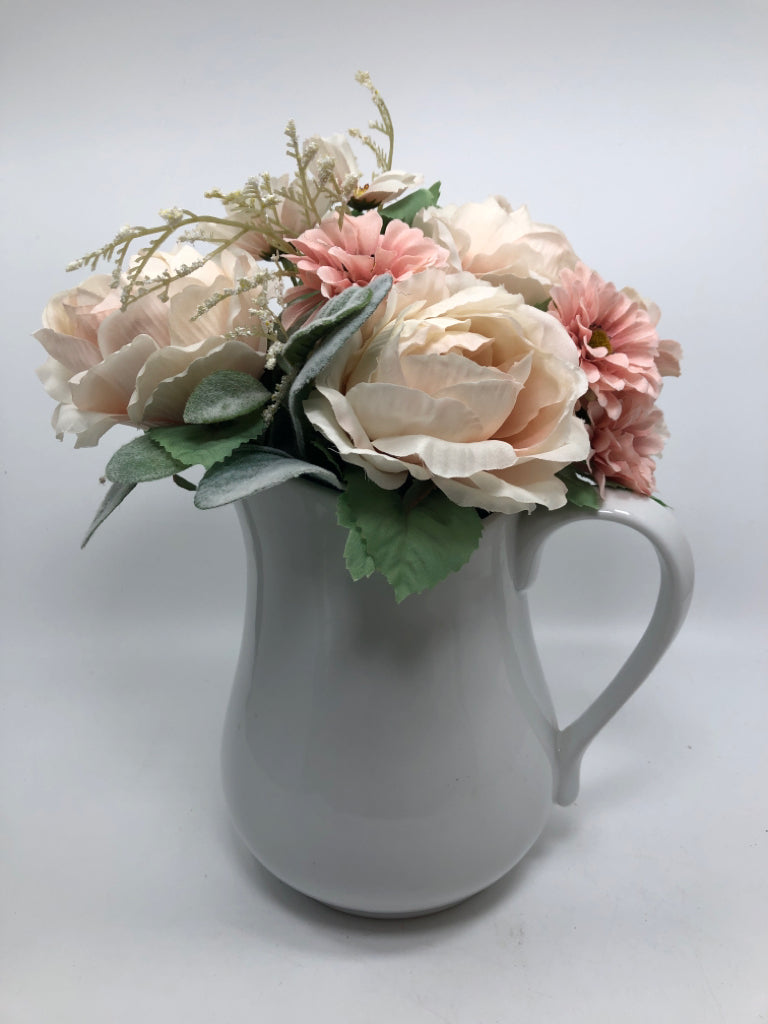 PINK FLORALS IN WHITE PITCHER.