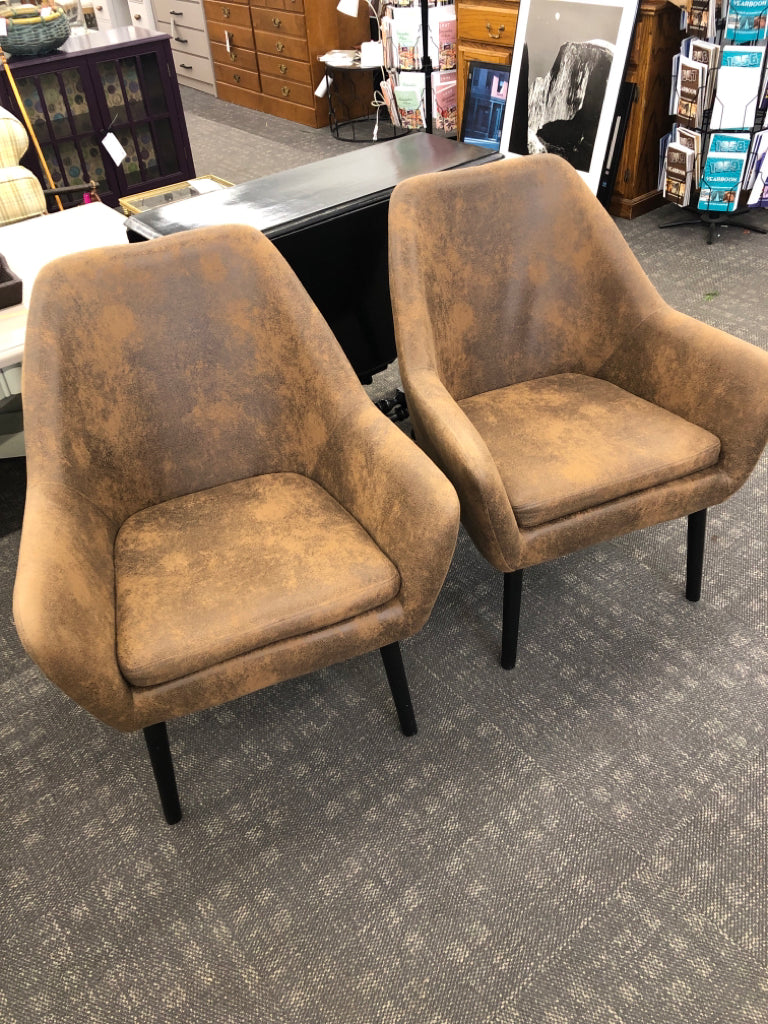 2 RUSTIC BROWN FAUX-SUEDE CHAIRS.