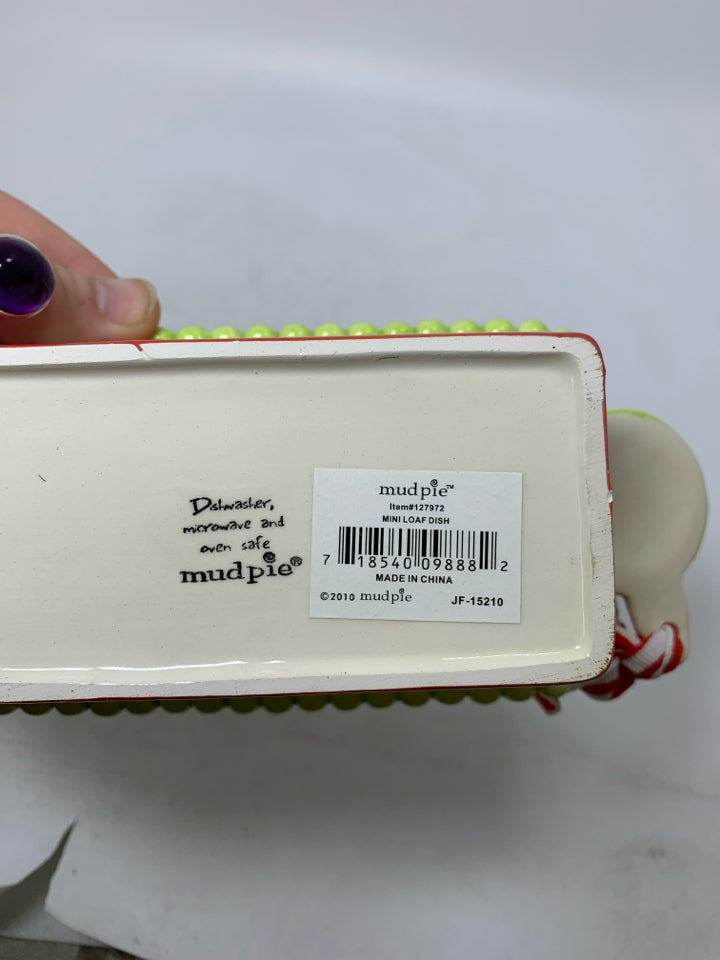 SMALL "ENJOY" MINI LOAF PAN STRIPED W/ GREEN BEADED EDGE MUDPIE.