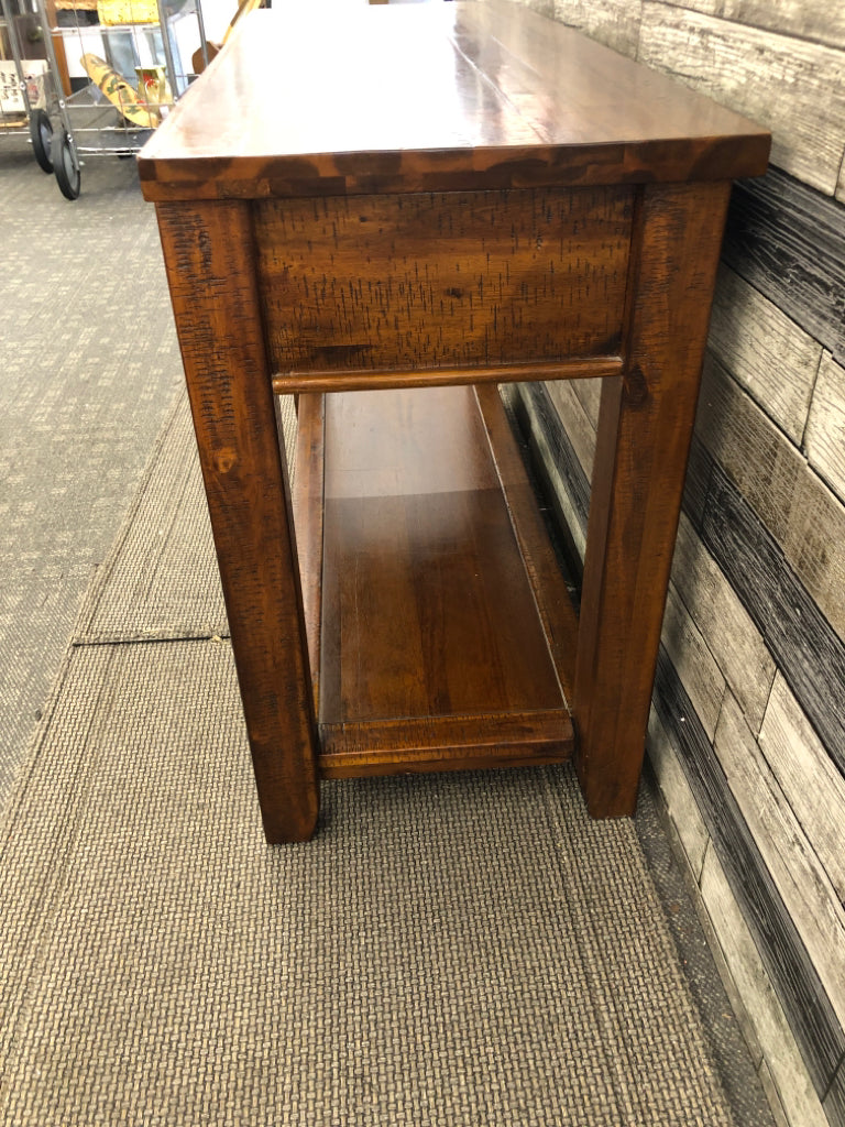 DARK WOOD CONSOLE TABLE W 2 DRAWERS AND BOTTOM SHELF.