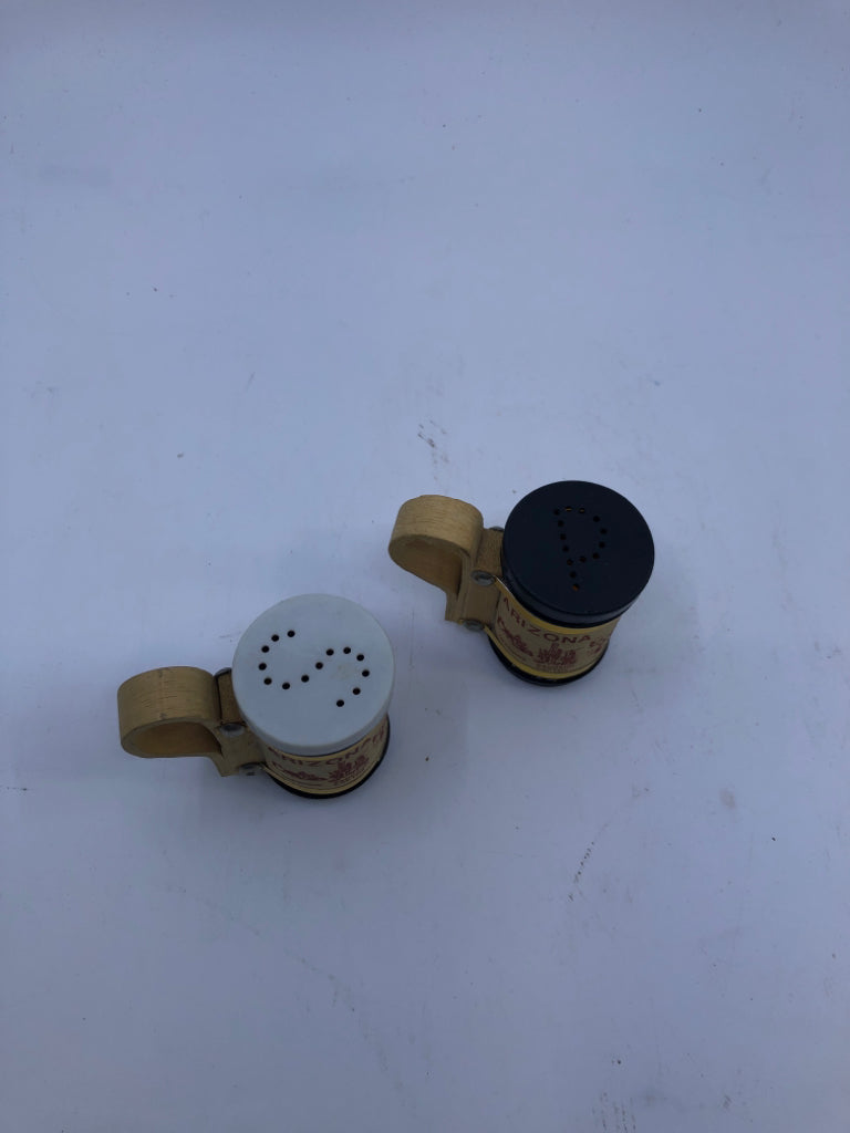 WOOD WRAPPED ARIZONA BROWN GLASS S/P SHAKERS.