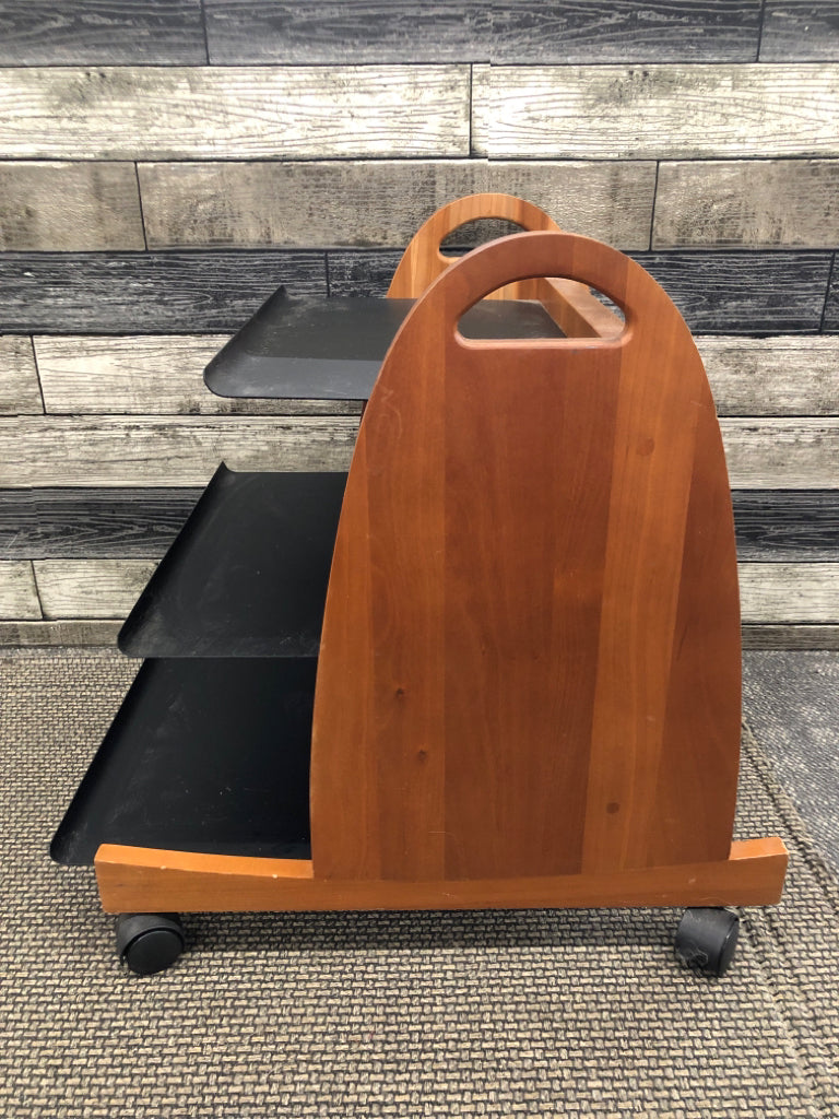 BLACK 3 TIER BOOKCASE ORGANIZER ON WHEELS.