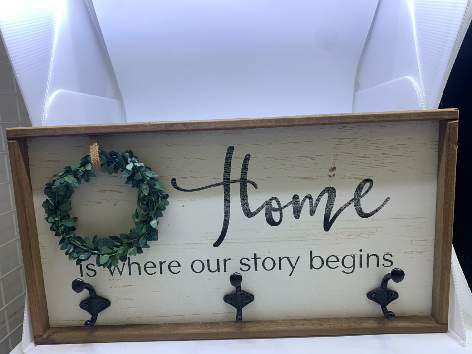 HOME IS W HOOKS WALL ART.