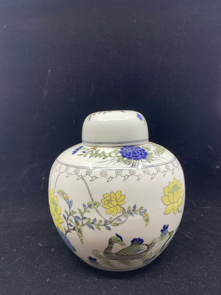 YELLOW BLUE FLORAL GINGER JAR.