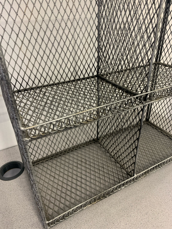 SILVER AND BLACK METAL DIVIDED HANGING SHELF.