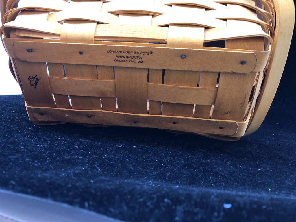 2002 SLANTED BASKET W DIVIDED PLASTIC LINER AND DOUBLE HANDLES.