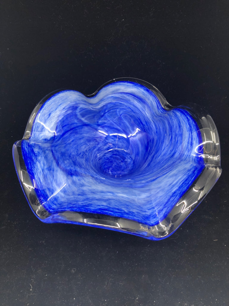 SILVER FOOTED BLUE GLASS WAVY BOWL.