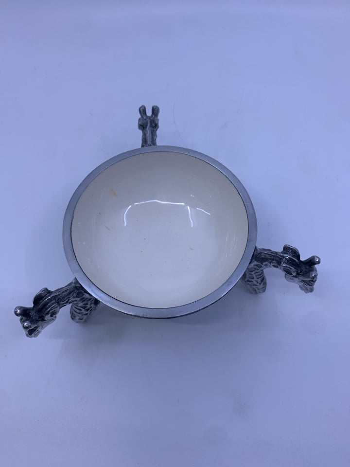 METAL FOOTED BOWL W GIRAFFE AND WHITE INSIDE.