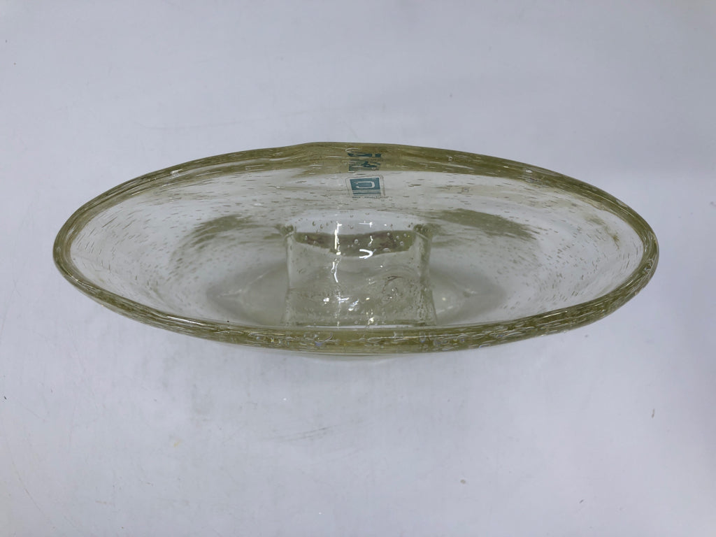 BLOWN GLASS BASE W/ BUBBLE DETAIL HOLE TROUGH CENTER.