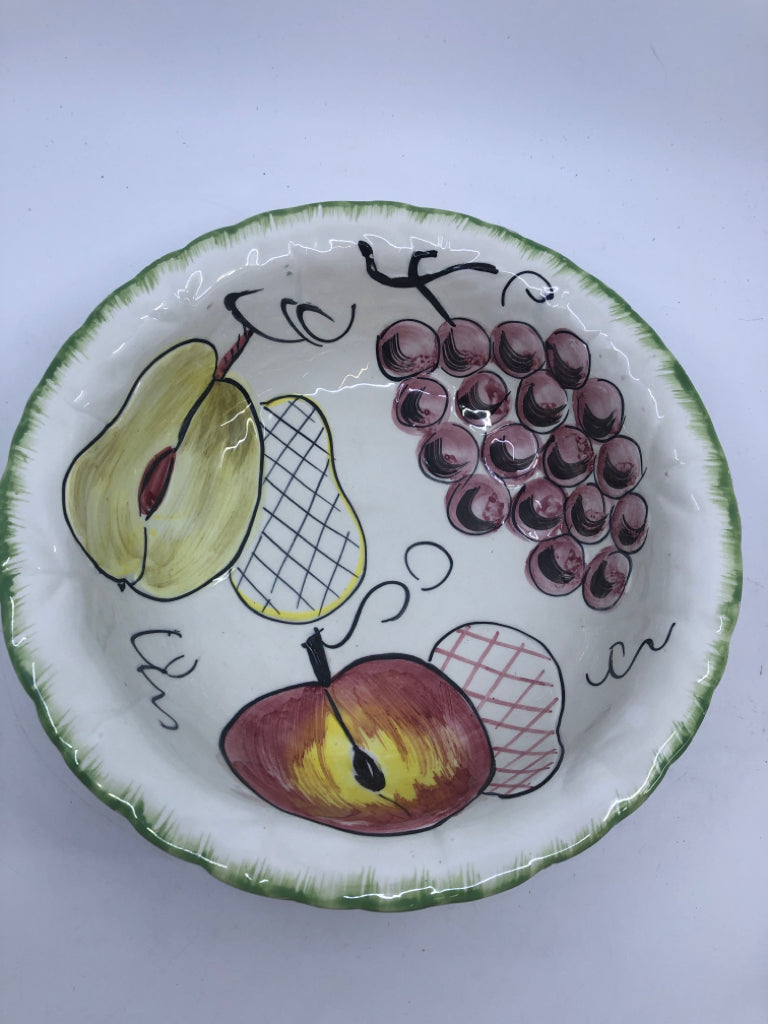 CERAMIC SERVING BOWL W/ EMBOSSED GRAPES,PEACH,PEAR GREEN RIM.