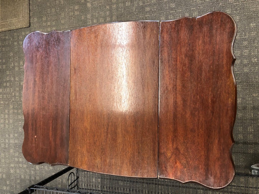 VTG DRK WOOD ROLLING TABLE W/FOLD-UP LEAVES & SLIDE DRAWER.