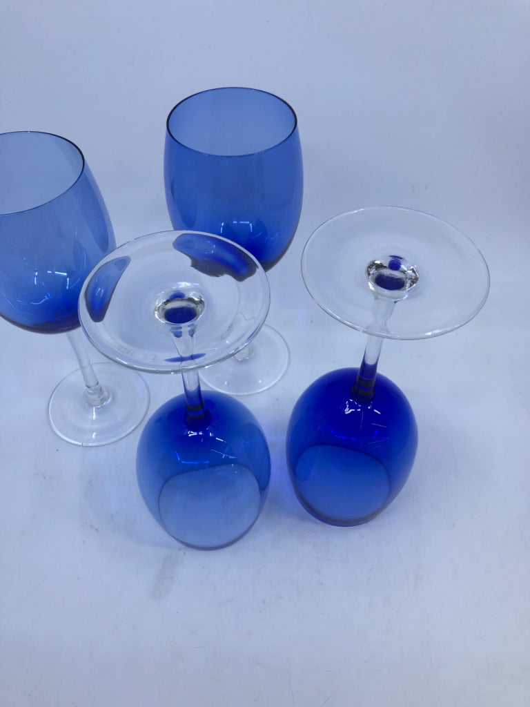 4 COBALT BLUE WINE GLASSES W/ CLEAR STEM.