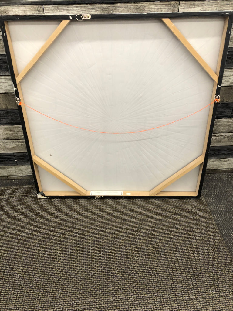 LARGE GREY AND SILVER FLOWER PAINTING ON CANVAS.