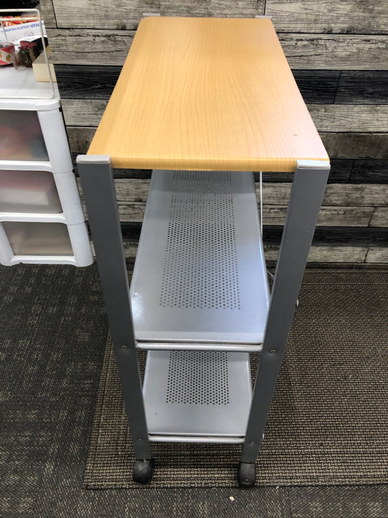 INDUSTRIAL GREY METAL ROLLING SHELF W/WOOD TOP.