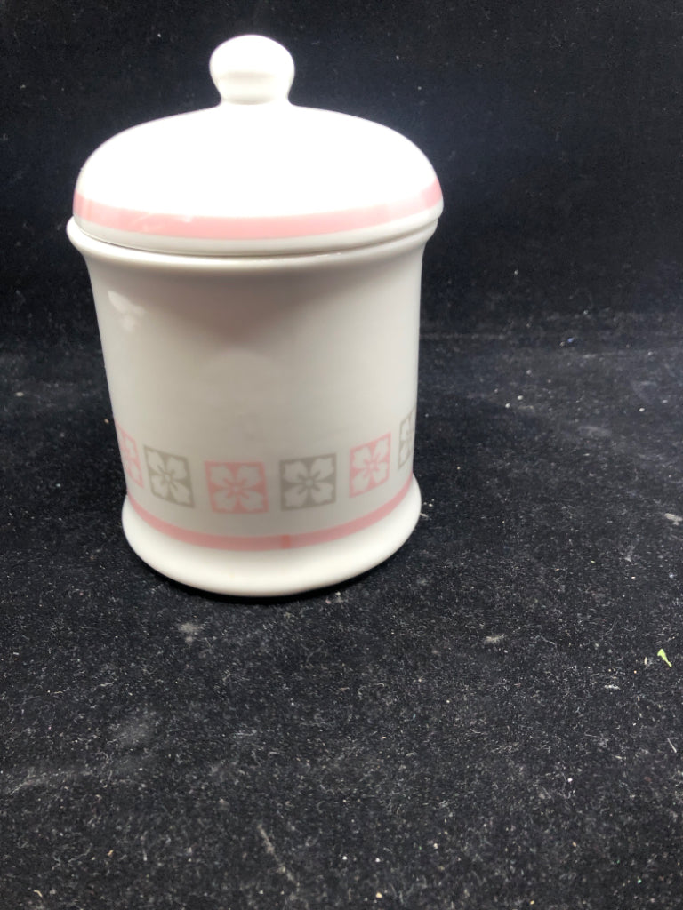 VTG GREY PINK FLORAL CANISTER.